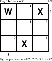 The grouppuzzles.com Easy TicTac-VWX puzzle for Wednesday August 27, 2025 with all 2 steps marked