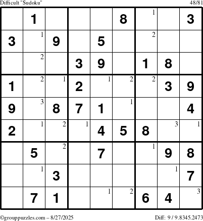 The grouppuzzles.com Difficult Sudoku puzzle for Wednesday August 27, 2025 with the first 3 steps marked