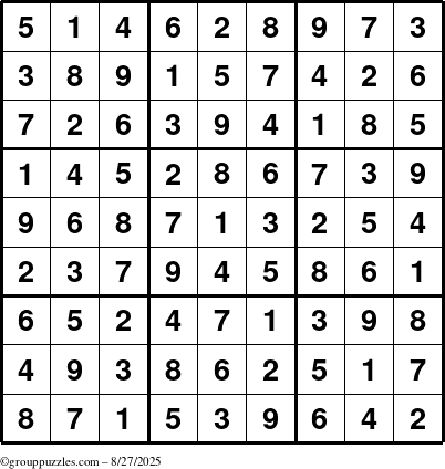 The grouppuzzles.com Answer grid for the Sudoku puzzle for Wednesday August 27, 2025