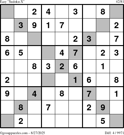 The grouppuzzles.com Easy Sudoku-X puzzle for Wednesday August 27, 2025