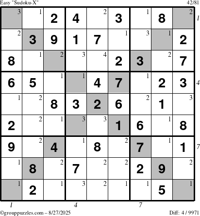 The grouppuzzles.com Easy Sudoku-X puzzle for Wednesday August 27, 2025, suitable for printing, with all 4 steps marked