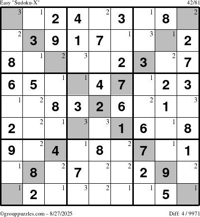 The grouppuzzles.com Easy Sudoku-X puzzle for Wednesday August 27, 2025 with the first 3 steps marked