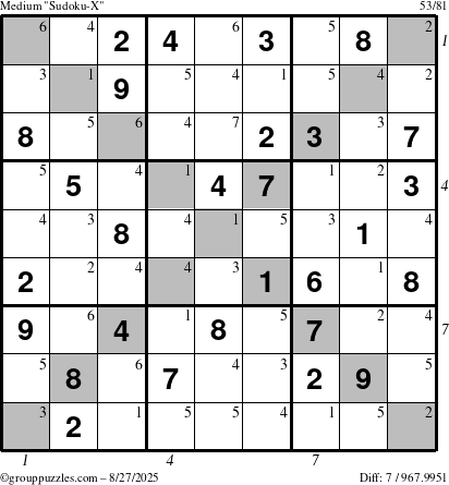 The grouppuzzles.com Medium Sudoku-X puzzle for Wednesday August 27, 2025 with all 7 steps marked