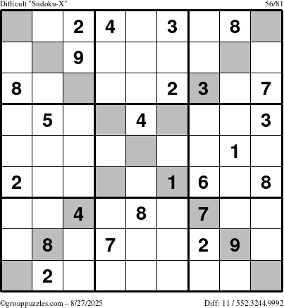 The grouppuzzles.com Difficult Sudoku-X puzzle for Wednesday August 27, 2025