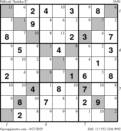 The grouppuzzles.com Difficult Sudoku-X puzzle for Wednesday August 27, 2025 with all 11 steps marked