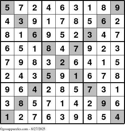 The grouppuzzles.com Answer grid for the Sudoku-X puzzle for Wednesday August 27, 2025