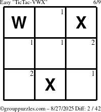 The grouppuzzles.com Easy TicTac-VWX puzzle for Wednesday August 27, 2025 with the first 2 steps marked