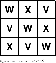 The grouppuzzles.com Answer grid for the TicTac-VWX puzzle for Wednesday December 3, 2025