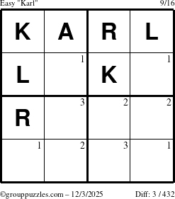 The grouppuzzles.com Easy Karl puzzle for Wednesday December 3, 2025 with the first 3 steps marked