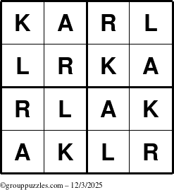 The grouppuzzles.com Answer grid for the Karl puzzle for Wednesday December 3, 2025