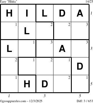 The grouppuzzles.com Easy Hilda puzzle for Wednesday December 3, 2025, suitable for printing, with all 3 steps marked