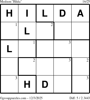 The grouppuzzles.com Medium Hilda puzzle for Wednesday December 3, 2025 with the first 3 steps marked