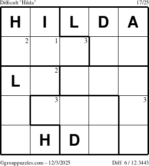 The grouppuzzles.com Difficult Hilda puzzle for Wednesday December 3, 2025 with the first 3 steps marked