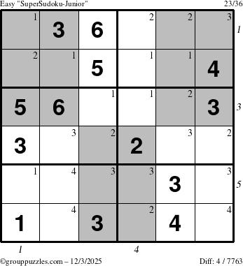 The grouppuzzles.com Easy SuperSudoku-Junior puzzle for Wednesday December 3, 2025, suitable for printing, with all 4 steps marked