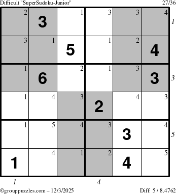 The grouppuzzles.com Difficult SuperSudoku-Junior puzzle for Wednesday December 3, 2025 with all 5 steps marked