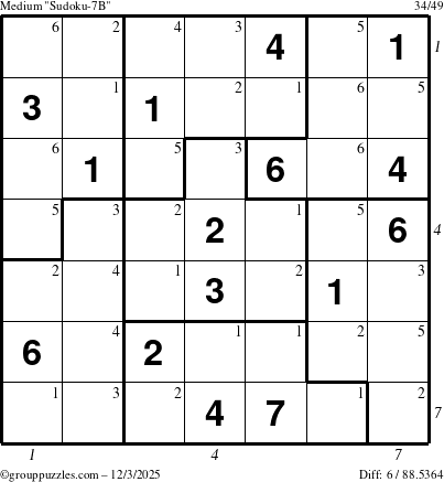 The grouppuzzles.com Medium Sudoku-7B puzzle for Wednesday December 3, 2025, suitable for printing, with all 6 steps marked