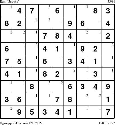 The grouppuzzles.com Easy Sudoku puzzle for Wednesday December 3, 2025 with the first 3 steps marked