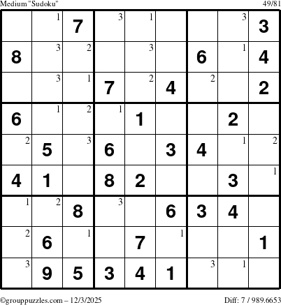 The grouppuzzles.com Medium Sudoku puzzle for Wednesday December 3, 2025 with the first 3 steps marked