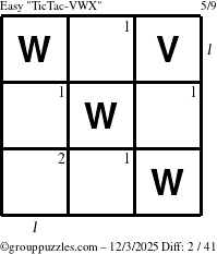 The grouppuzzles.com Easy TicTac-VWX puzzle for Wednesday December 3, 2025 with all 2 steps marked