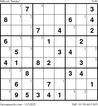 The grouppuzzles.com Difficult Sudoku puzzle for Wednesday December 3, 2025 with the first 3 steps marked