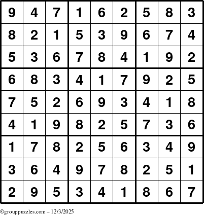 The grouppuzzles.com Answer grid for the Sudoku puzzle for Wednesday December 3, 2025