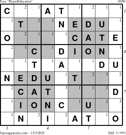 The grouppuzzles.com Easy HyperEducation-i23 puzzle for Wednesday December 3, 2025 with all 3 steps marked