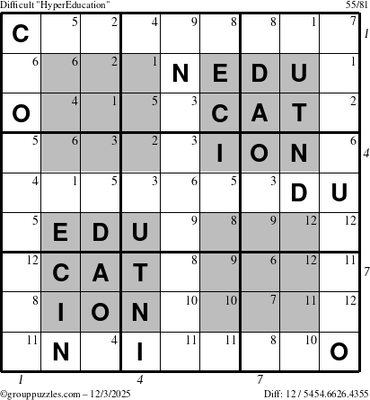 The grouppuzzles.com Difficult HyperEducation-i23 puzzle for Wednesday December 3, 2025, suitable for printing, with all 12 steps marked