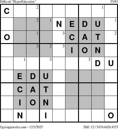 The grouppuzzles.com Difficult HyperEducation-i23 puzzle for Wednesday December 3, 2025 with the first 3 steps marked