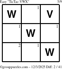 The grouppuzzles.com Easy TicTac-VWX puzzle for Wednesday December 3, 2025 with the first 2 steps marked