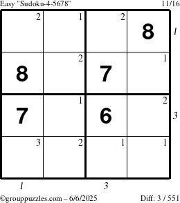 The grouppuzzles.com Easy Sudoku-4-5678 puzzle for Friday June 6, 2025, suitable for printing, with all 3 steps marked