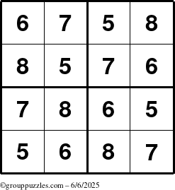 The grouppuzzles.com Answer grid for the Sudoku-4-5678 puzzle for Friday June 6, 2025