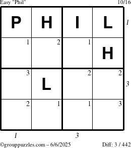 The grouppuzzles.com Easy Phil puzzle for Friday June 6, 2025, suitable for printing, with all 3 steps marked
