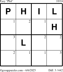 The grouppuzzles.com Easy Phil puzzle for Friday June 6, 2025 with the first 3 steps marked
