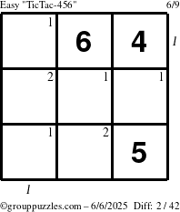 The grouppuzzles.com Easy TicTac-456 puzzle for Friday June 6, 2025 with all 2 steps marked