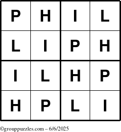 The grouppuzzles.com Answer grid for the Phil puzzle for Friday June 6, 2025