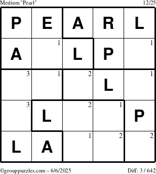 The grouppuzzles.com Medium Pearl puzzle for Friday June 6, 2025 with the first 3 steps marked