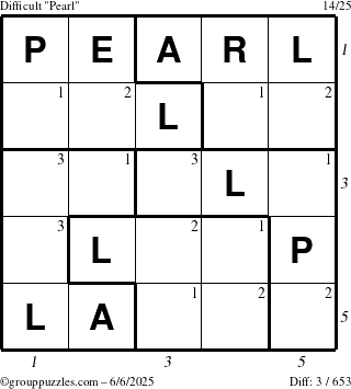 The grouppuzzles.com Difficult Pearl puzzle for Friday June 6, 2025 with all 3 steps marked