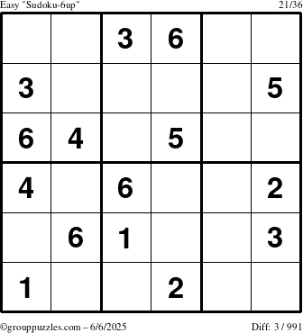 The grouppuzzles.com Easy Sudoku-6up puzzle for Friday June 6, 2025