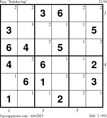 The grouppuzzles.com Easy Sudoku-6up puzzle for Friday June 6, 2025 with all 3 steps marked