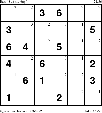 The grouppuzzles.com Easy Sudoku-6up puzzle for Friday June 6, 2025 with the first 3 steps marked