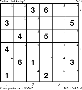 The grouppuzzles.com Medium Sudoku-6up puzzle for Friday June 6, 2025 with all 6 steps marked