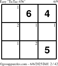 The grouppuzzles.com Easy TicTac-456 puzzle for Friday June 6, 2025 with the first 2 steps marked