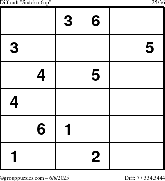 The grouppuzzles.com Difficult Sudoku-6up puzzle for Friday June 6, 2025