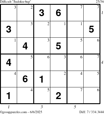The grouppuzzles.com Difficult Sudoku-6up puzzle for Friday June 6, 2025 with all 7 steps marked