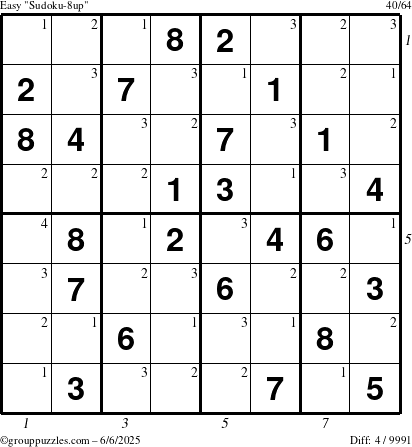 The grouppuzzles.com Easy Sudoku-8up puzzle for Friday June 6, 2025 with all 4 steps marked