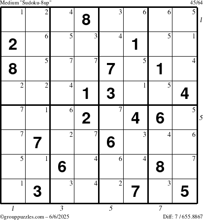 The grouppuzzles.com Medium Sudoku-8up puzzle for Friday June 6, 2025 with all 7 steps marked