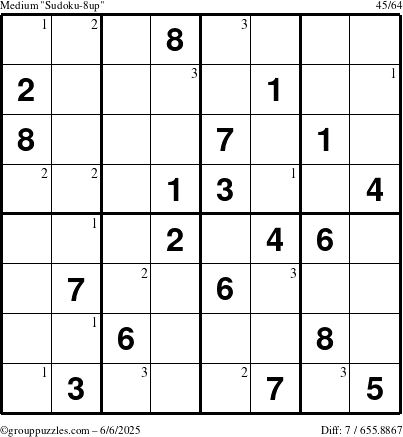 The grouppuzzles.com Medium Sudoku-8up puzzle for Friday June 6, 2025 with the first 3 steps marked
