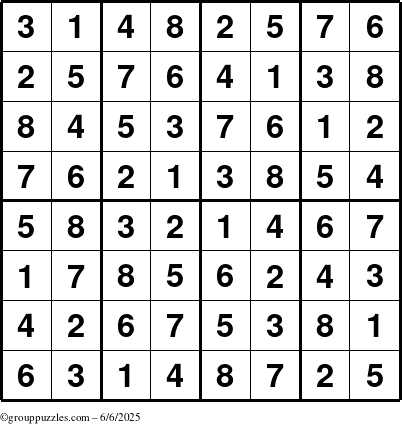 The grouppuzzles.com Answer grid for the Sudoku-8up puzzle for Friday June 6, 2025