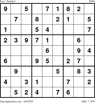 The grouppuzzles.com Easy Sudoku puzzle for Friday June 6, 2025