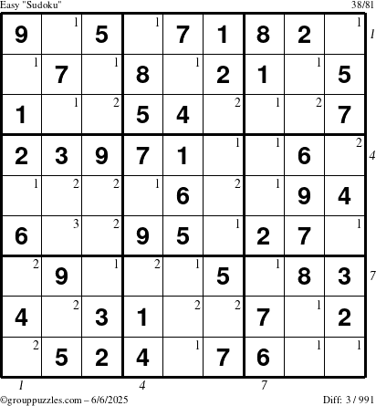 The grouppuzzles.com Easy Sudoku puzzle for Friday June 6, 2025 with all 3 steps marked